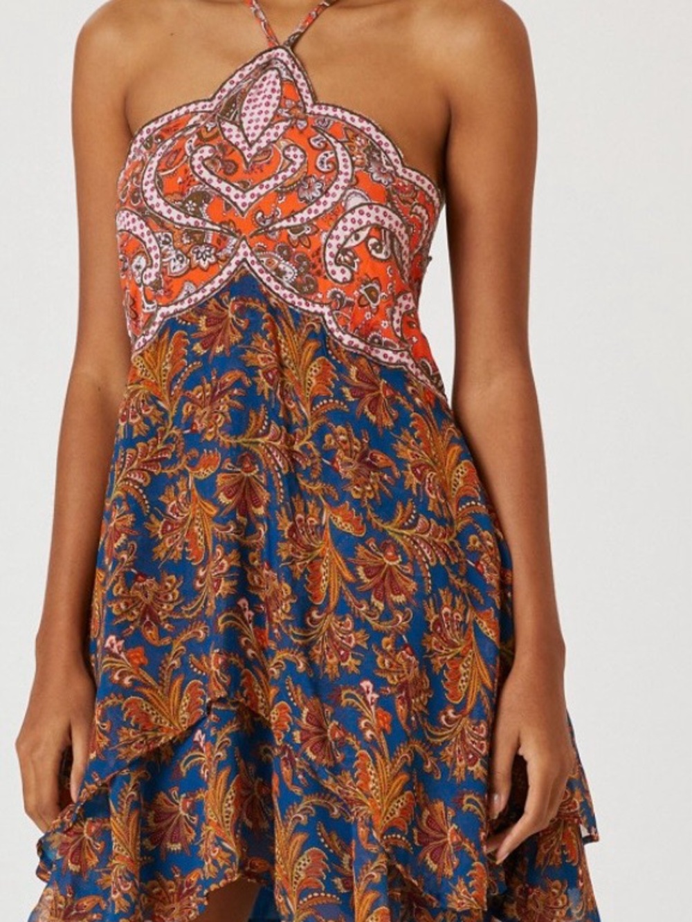 Anthropologie Strapless Paisley Halter Dress in Orange, Blue and Gold